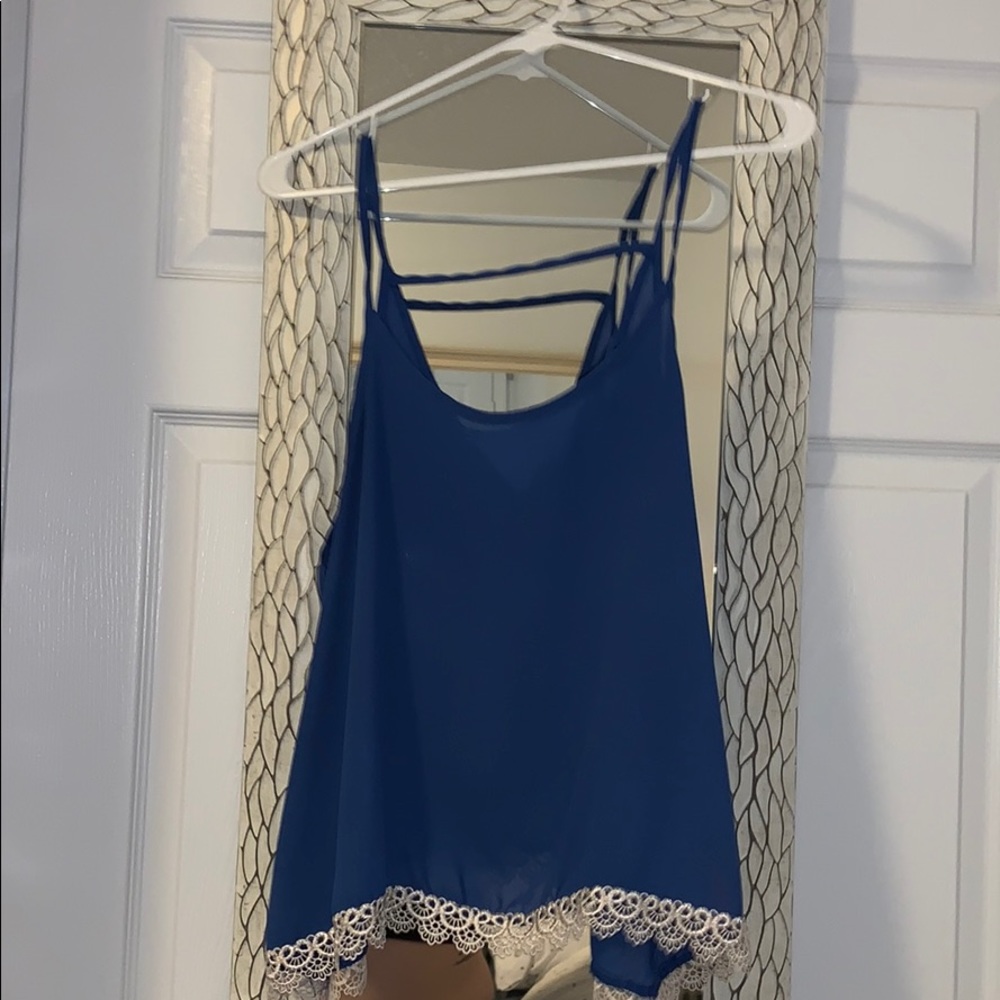 Blue scalloped lace tank top